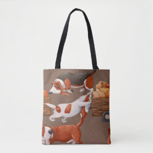 Basset Hound dogs are carrying a cart with pumpkin Tote Bag