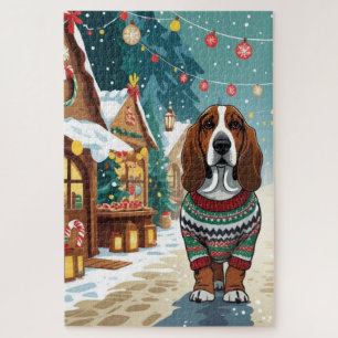 Basset Hound Dogs Christmas Snow Holiday Jigsaw Puzzle