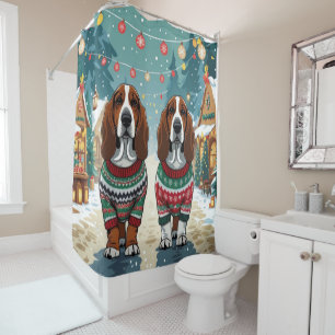 Basset Hound Dogs Christmas Snow Holiday Shower Curtain