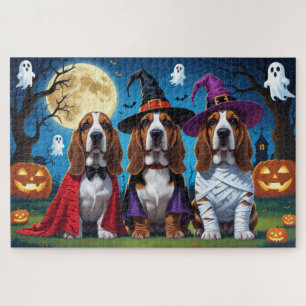 Basset Hound Dogs Pumpkin Halloween Funny Jigsaw Puzzle
