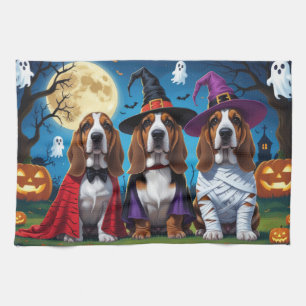 Basset Hound Dogs Pumpkin Halloween Funny Tea Towel