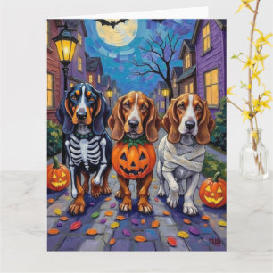 Basset Hound Dogs Trick-or-Treating in Halloween Card