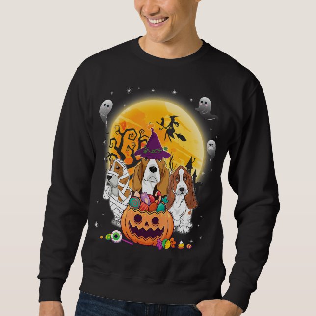 Basset Hound DogWitch Moon Ghosts Happy Halloween Sweatshirt (Front)