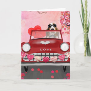 Basset Hound Driving Car with Hearts Valentine's   Card