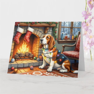 Basset Hound Fireplace with Christmas Lights Card