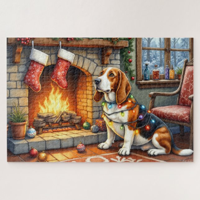 Basset Hound Fireplace with Christmas Lights Jigsaw Puzzle (Horizontal)
