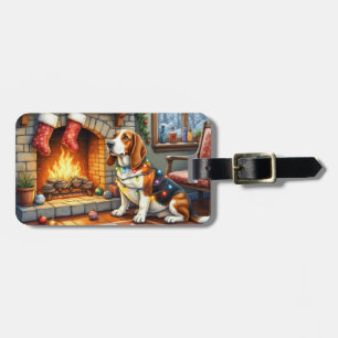 Basset Hound Fireplace with Christmas Lights Luggage Tag