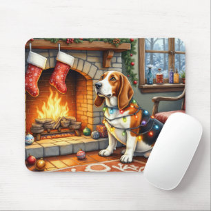 Basset Hound Fireplace with Christmas Lights Mouse Pad