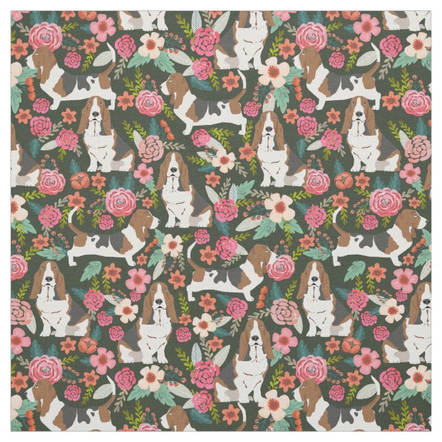 Basset hound florals fabric - cute dog fabric (Swatch)
