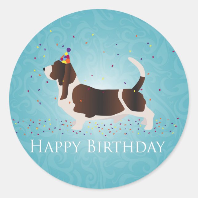 Basset Hound Happy Birthday Design Classic Round Sticker (Front)