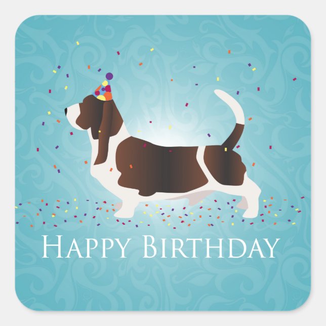 Basset Hound Happy Birthday Design Square Sticker (Front)