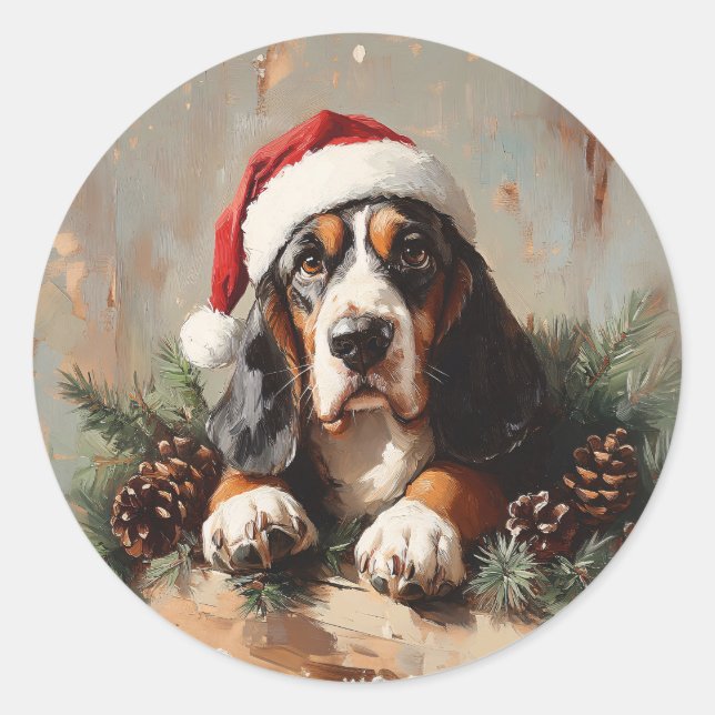 Basset Hound in a Santa Hat Oil Painting Classic Round Sticker (Front)