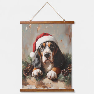 Basset Hound in a Santa Hat Oil Painting Hanging Tapestry