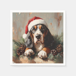 Basset Hound in a Santa Hat Oil Painting Napkin