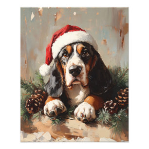 Basset Hound in a Santa Hat Oil Painting Photo Print