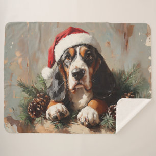 Basset Hound in a Santa Hat Oil Painting Sherpa Blanket