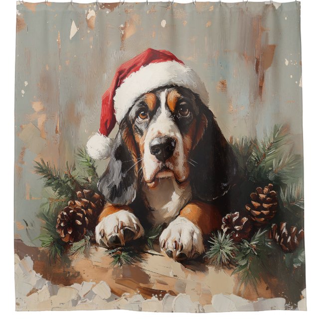 Basset Hound in a Santa Hat Oil Painting Shower Curtain (Front)
