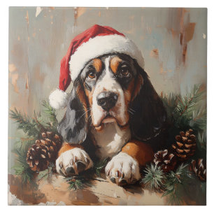 Basset Hound in a Santa Hat Oil Painting Tile