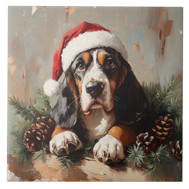 Basset Hound in a Santa Hat Oil Painting Tile (Front)