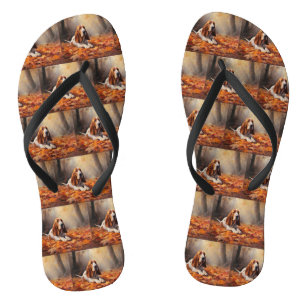 Basset Hound in Autumn Leaves Fall Inspire Jandals