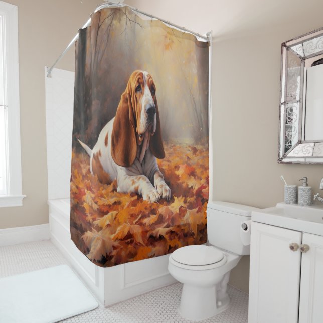 Basset Hound in Autumn Leaves Fall Inspire Shower Curtain (In Situ)
