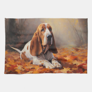 Basset Hound in Autumn Leaves Fall Inspire Tea Towel