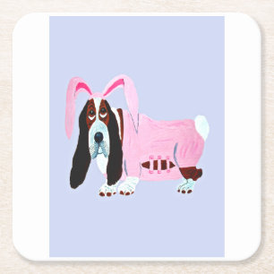 Basset Hound in Bunny suit Square Paper Coaster