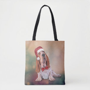 Basset Hound in red hat of Santa Claus Tote Bag