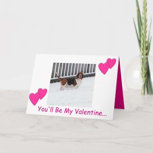 Basset hound in snow on funny Valentine's Day card (Front)