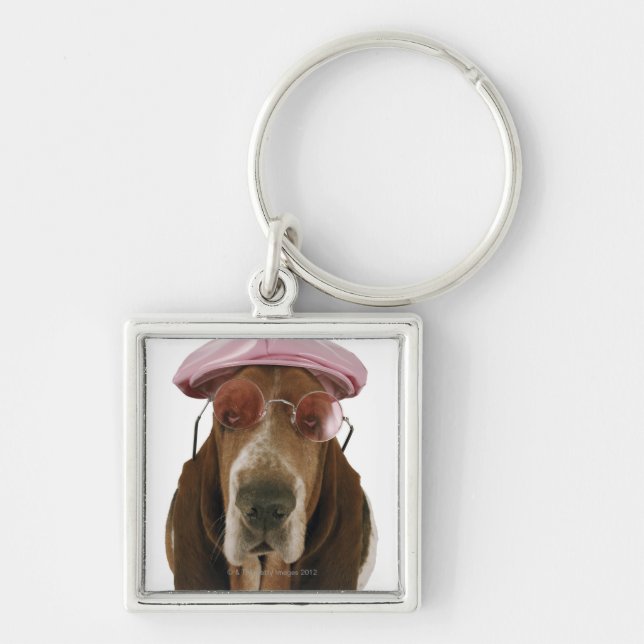 Basset hound in sunglasses and cap key ring (Front)
