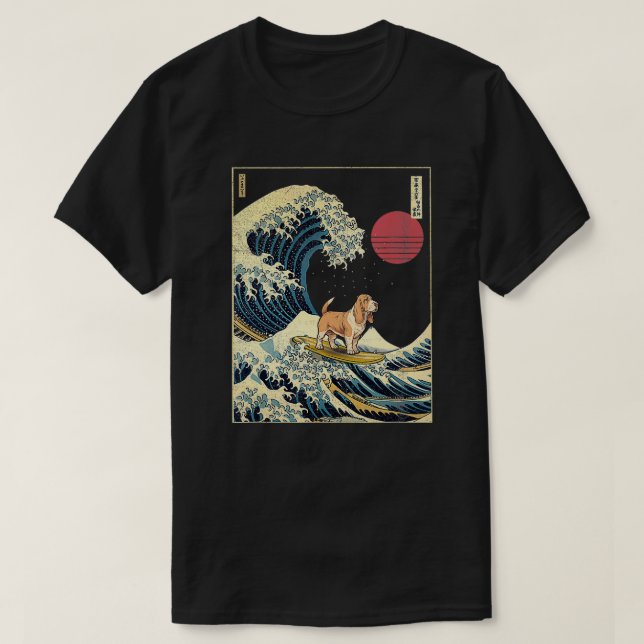 Basset Hound Japanese Kanagawa Wave Funny Surf Dog T-Shirt (Design Front)