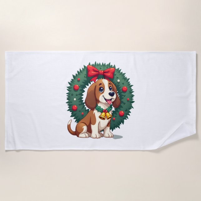 Basset Hound Jingle Bells Beach Towel (Front)