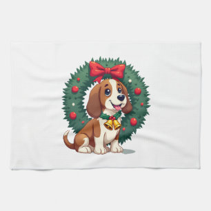 Basset Hound Jingle Bells Tea Towel