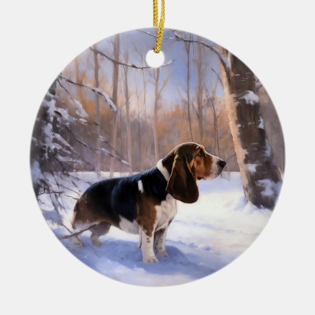 Basset Hound Let It Snow Christmas Ceramic Tree Decoration (Front)
