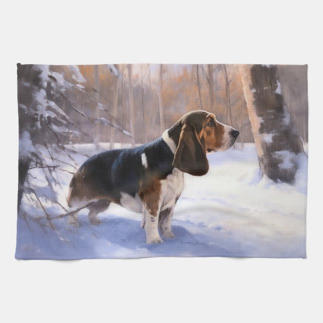 Basset Hound Let It Snow Christmas Tea Towel (Horizontal)