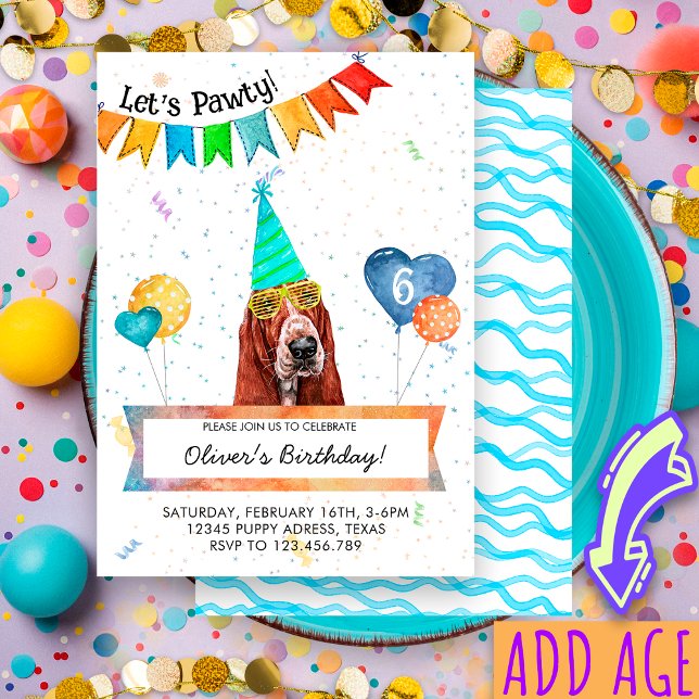 Basset Hound Lets Pawty Dog Birthday Party Invitation (Creator Uploaded)