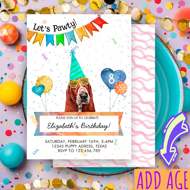 Basset Hound Lets Pawty Dog Birthday Party Invitation (Creator Uploaded)