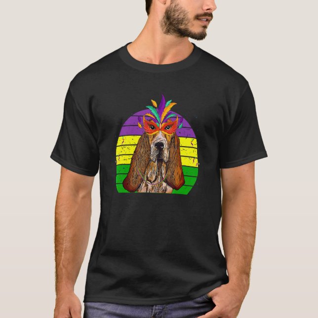 Basset Hound Mardi Gras Party Dog Mask Beads T-Shirt (Front)