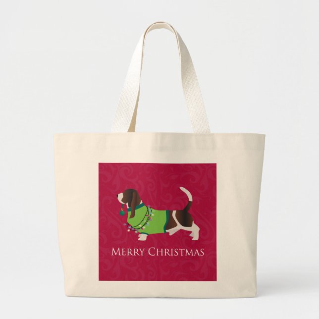 Basset Hound Merry Christmas Design Large Tote Bag (Front)