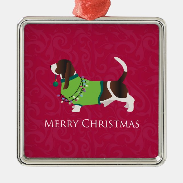 Basset Hound Merry Christmas Design Metal Tree Decoration (Front)