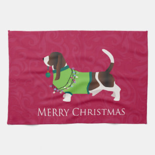 Basset Hound Merry Christmas Design Tea Towel