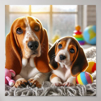 Basset Hound mum and her puppy Poster