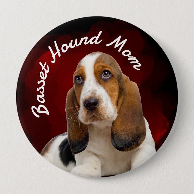 Basset Hound Mum with red background Button (Front)