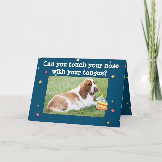 Basset Hound on Funny Birthday Card w/Cake & Nose (Front)