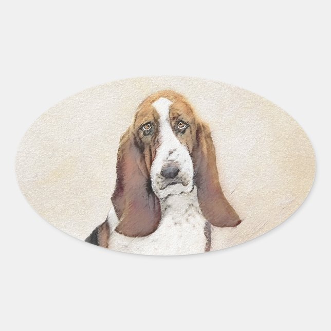 Basset Hound Painting - Cute Original Dog Art Oval Sticker (Front)