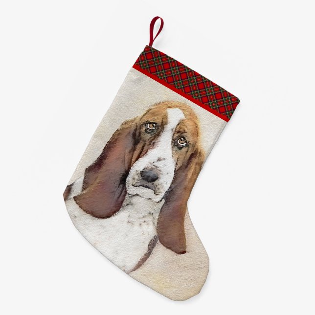 Basset Hound Painting - Cute Original Dog Art Small Christmas Stocking (Front (Hanging))