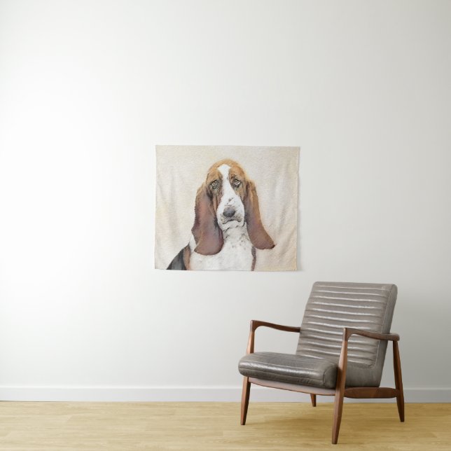 Basset Hound Painting - Cute Original Dog Art Tapestry (In Situ (Horizontal))