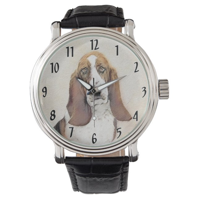 Basset Hound Painting - Cute Original Dog Art Watch (Front)