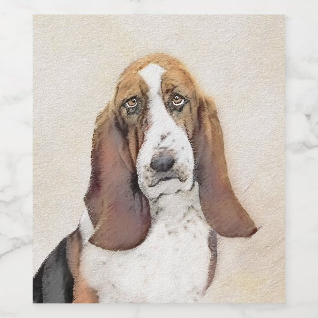 Basset Hound Painting - Cute Original Dog Art Wine Label (Single Label)
