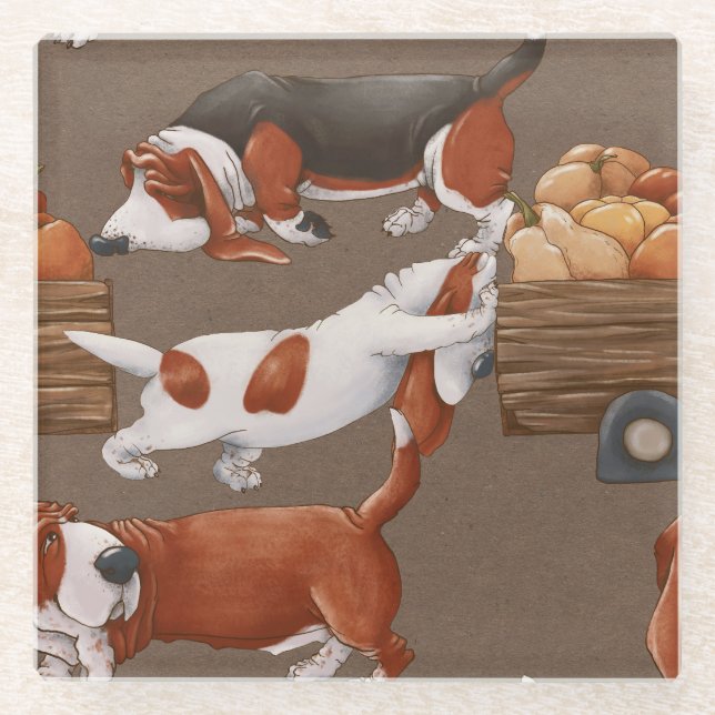 Basset Hound Pumpkin Harvest Pattern Glass Coaster (Front)